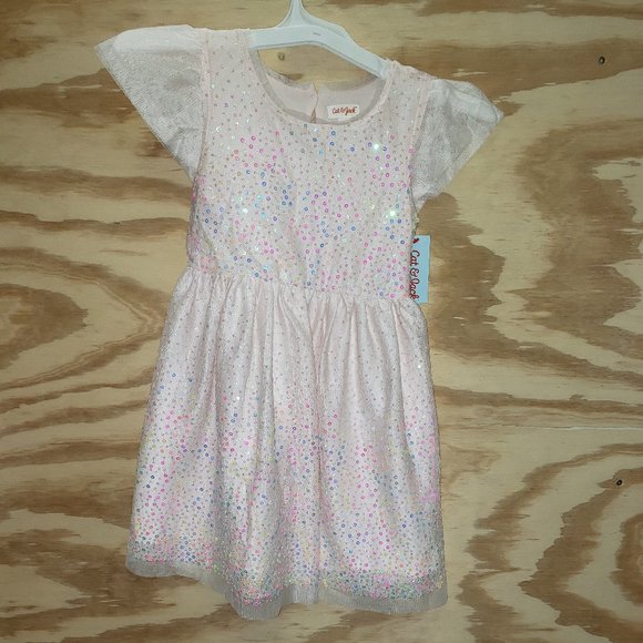 Girls Belle Pink Flutter Sleeve Sequin Dress - Picture 1 of 2
